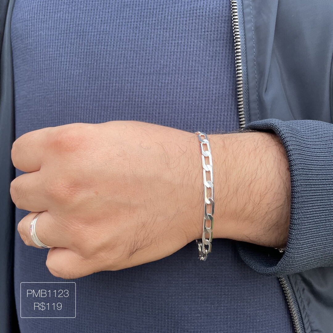 Pulseira Elo Grumet Alongado Luxo Lisa Prateada